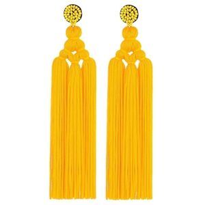 Long Yellow Hand Woven Tassel Knot Fringe Boho Dangling Drop Post Back Earrings